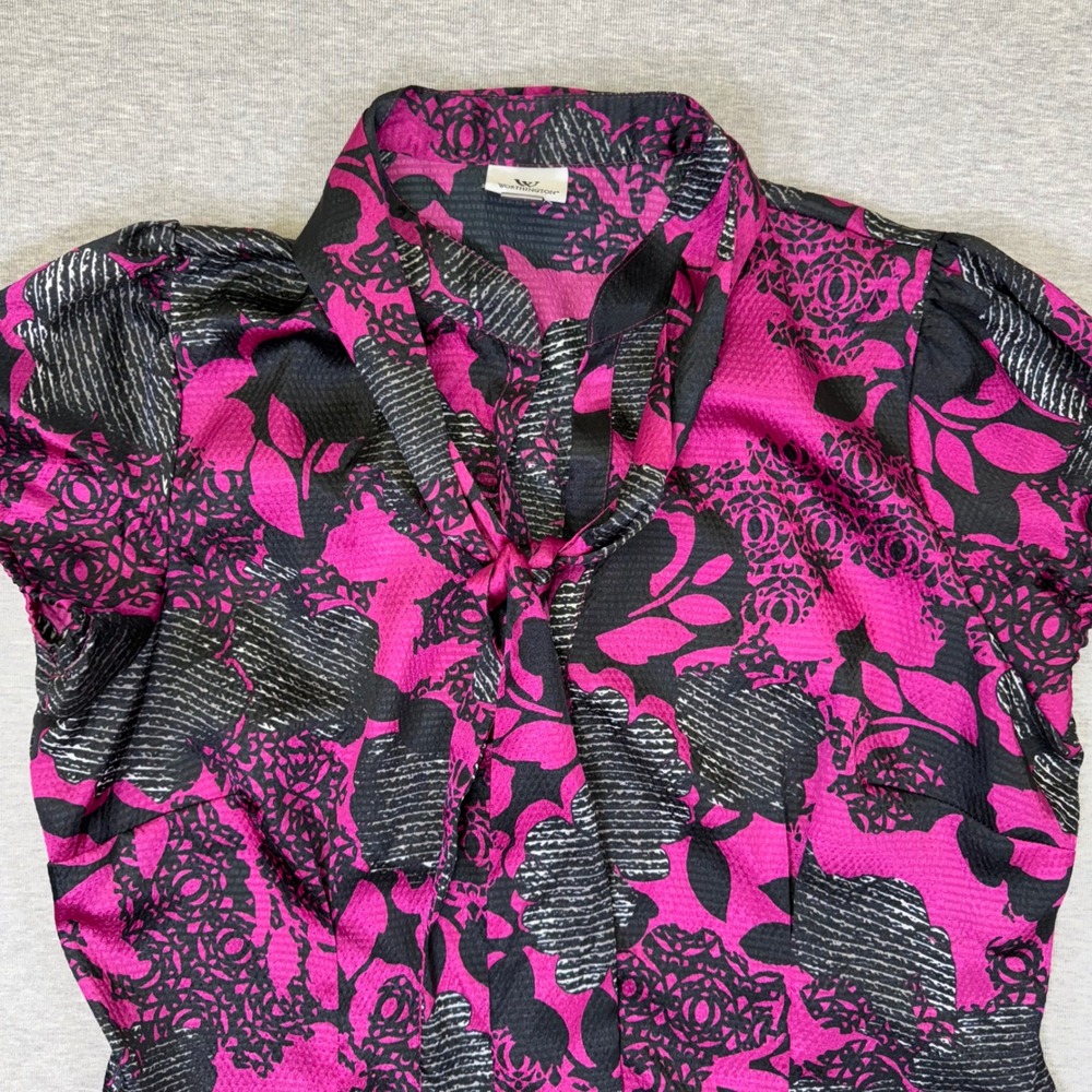 Worthington Womens Pink Black Floral Tie‎ Neck Blouse Short Sleeve XL Office Top